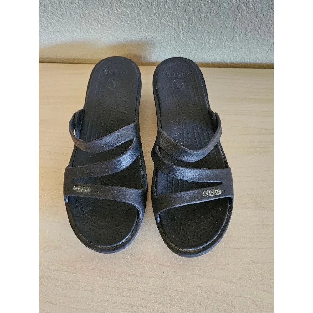 Crocs Patricia Black Multi Strap Wedge Sandals Womens 8 Comfort Slip On Shoes